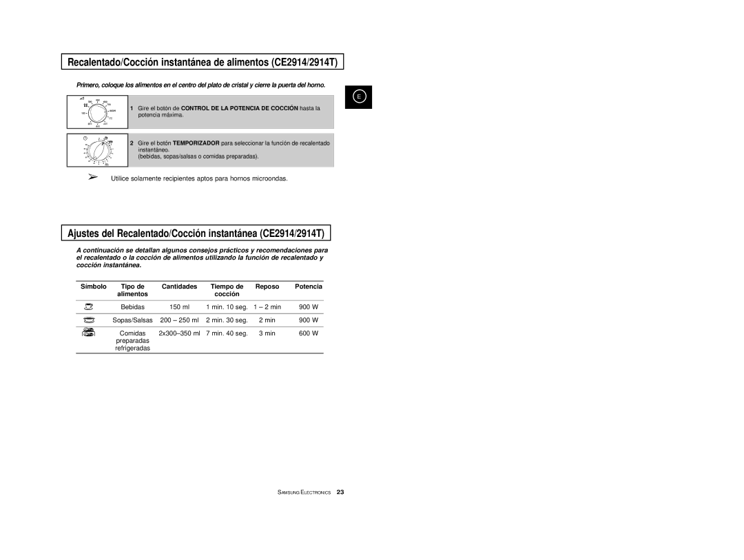 Samsung CE2974T/XEH, CE2974-S/XET, CE2914/XEC, CE2974/XEC Ajustes del Recalentado/Cocció n instantánea CE2914/2914T, Símbolo 