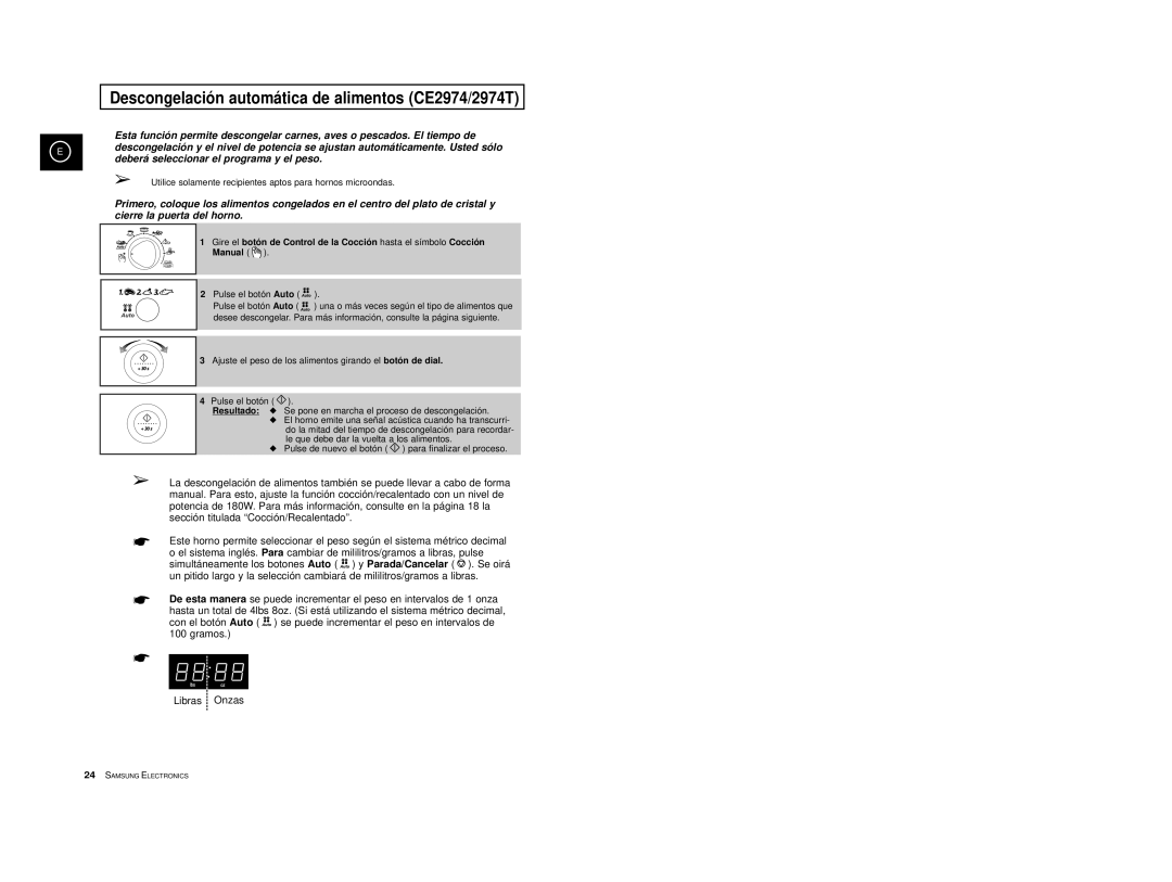Samsung CE2974/XEC, CE2974-S/XET, CE2914/XEC, CE2974-S/XEC, CE2974T/XEH Descongelació n automá tica de alimentos CE2974/2974T 