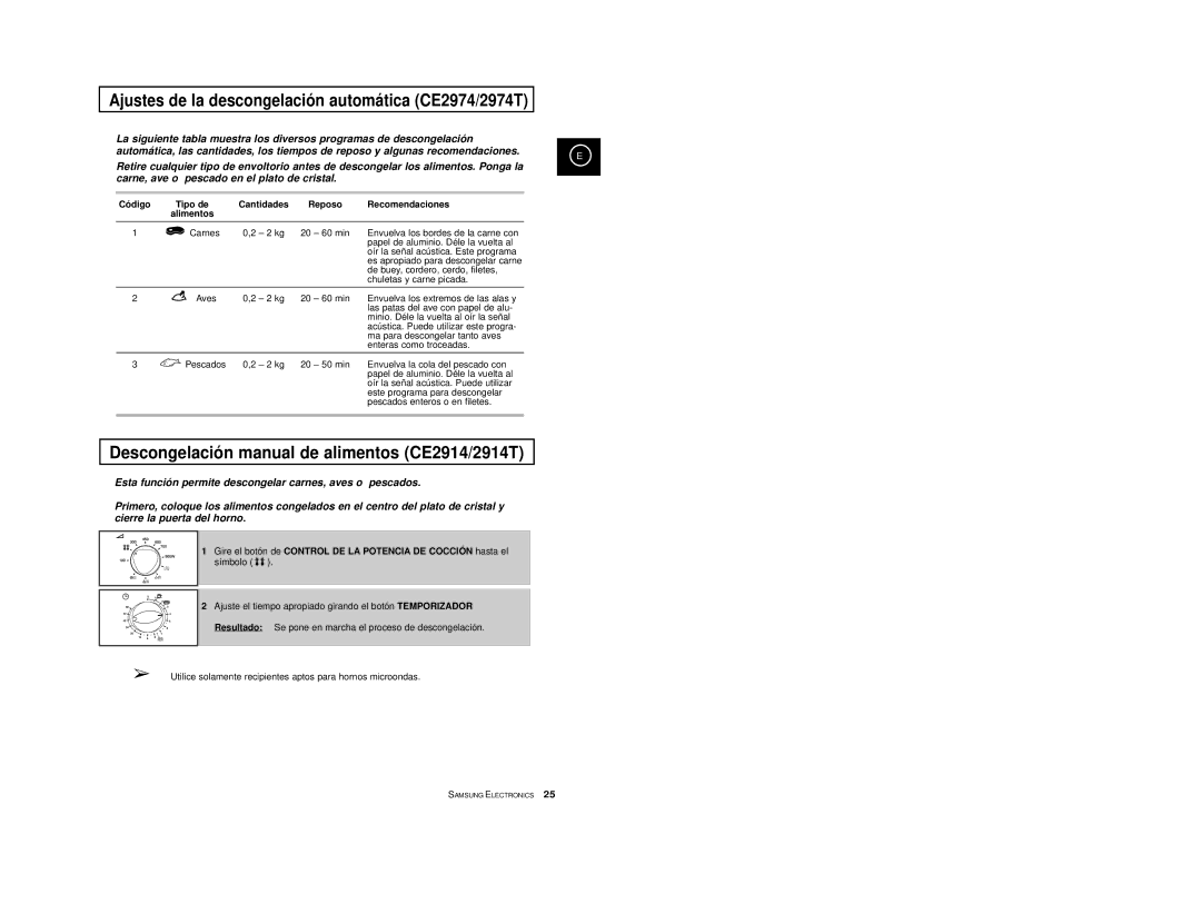 Samsung CE2974-S/XET, CE2914/XEC, CE2974-S/XEC Ajustes de la descongelació n automá tica CE2974/2974T, Tipo de, Alimentos 