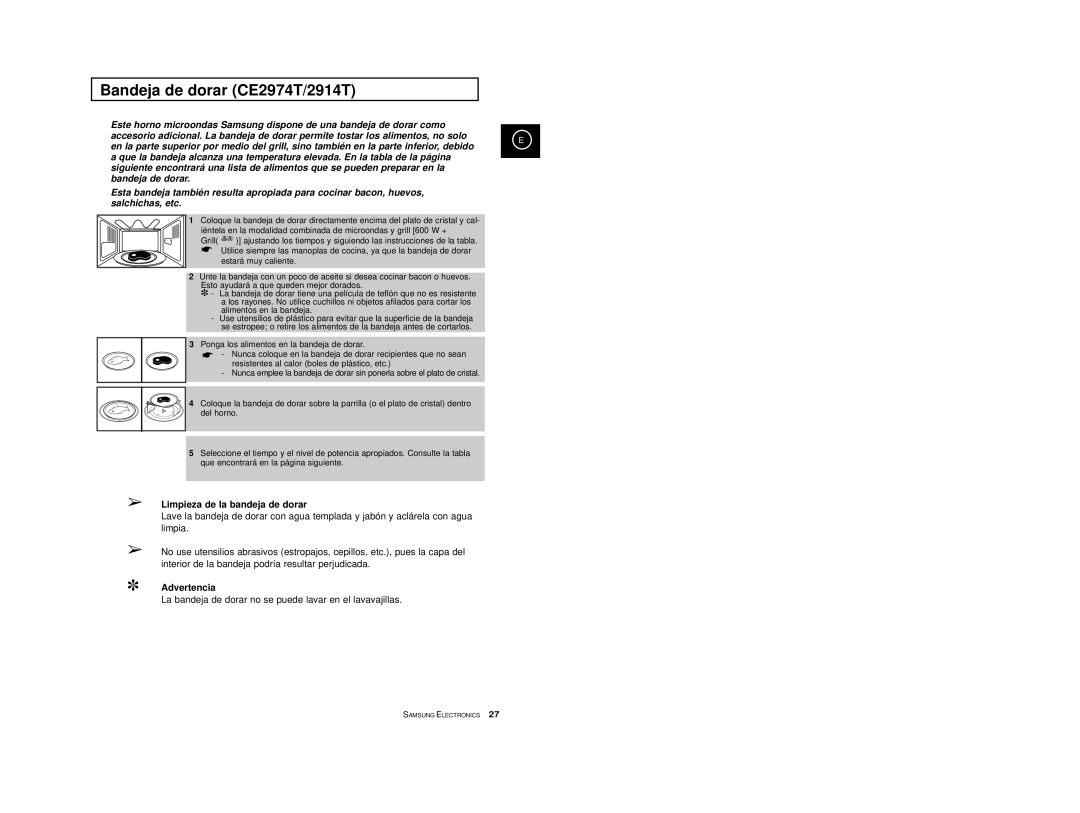 Samsung CE2974-S/XEC, CE2974-S/XET, CE2914/XEC Bandeja de dorar CE2974T/2914T, Limpieza de la bandeja de dorar, Advertencia 