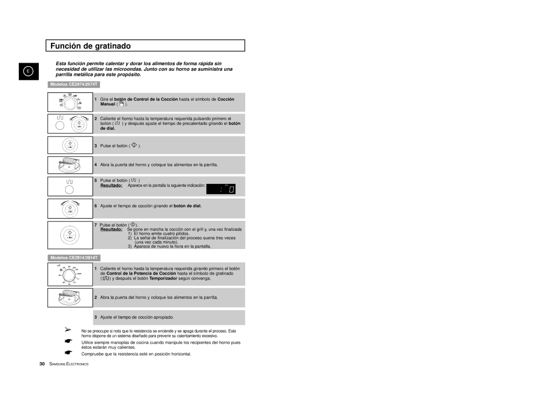 Samsung CE2974-S/XET, CE2914/XEC, CE2974-S/XEC, CE2974T/XEH, CE2974/XEC manual Funció n de gratinado, De dial 