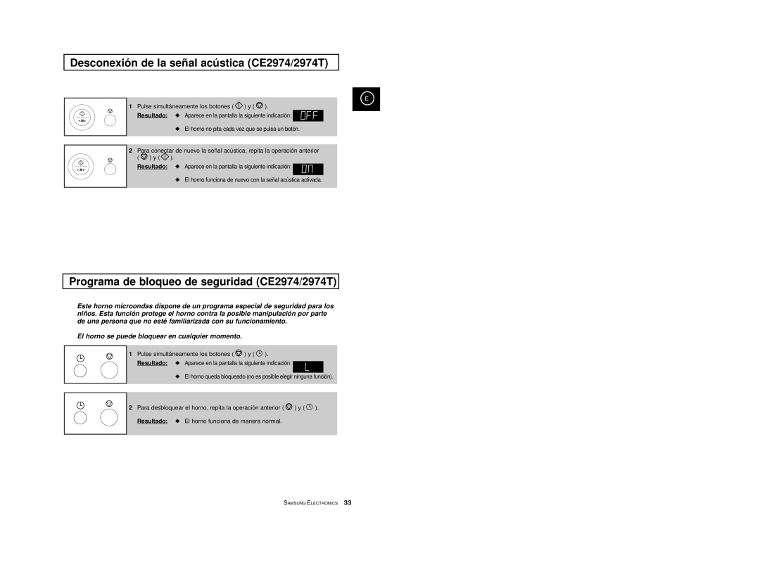 Samsung CE2974T/XEH manual Desconexió n de la señ al acú stica CE2974/2974T, Programa de bloqueo de seguridad CE2974/2974T 