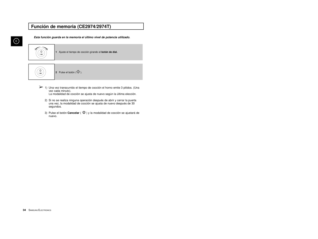 Samsung CE2974/XEC, CE2974-S/XET, CE2914/XEC, CE2974-S/XEC, CE2974T/XEH manual Funció n de memoria CE2974/2974T 