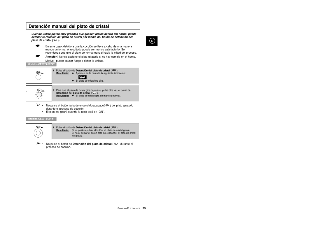 Samsung CE2974-S/XET, CE2914/XEC, CE2974-S/XEC Detenció n manual del plato de cristal, Detenció n del plato de cristal 