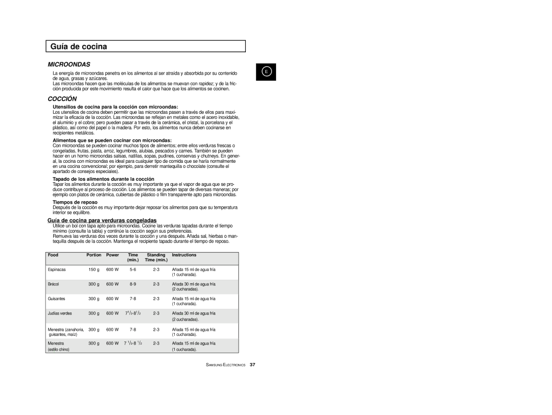 Samsung CE2974-S/XEC, CE2974-S/XET, CE2914/XEC, CE2974T/XEH, CE2974/XEC manual Guía de cocina para verduras congeladas 