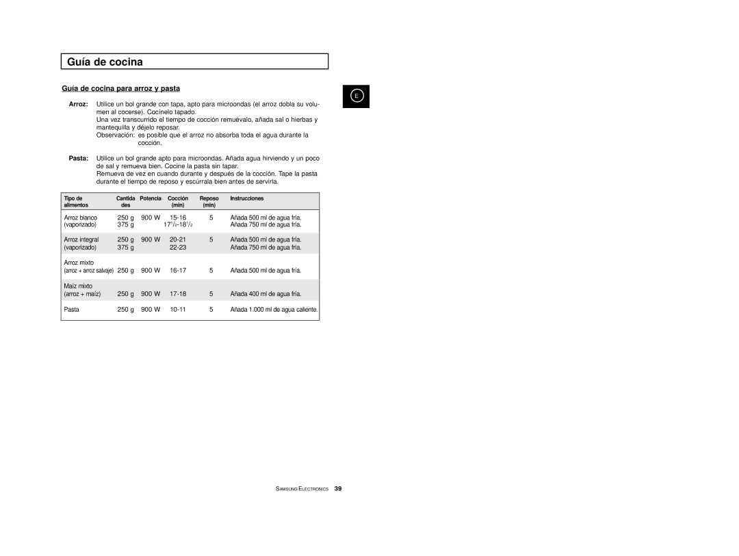 Samsung CE2974/XEC, CE2914/XEC Guía de cocina para arroz y pasta, Tipo de Cantida, Cocció n Reposo Instrucciones Alimentos 