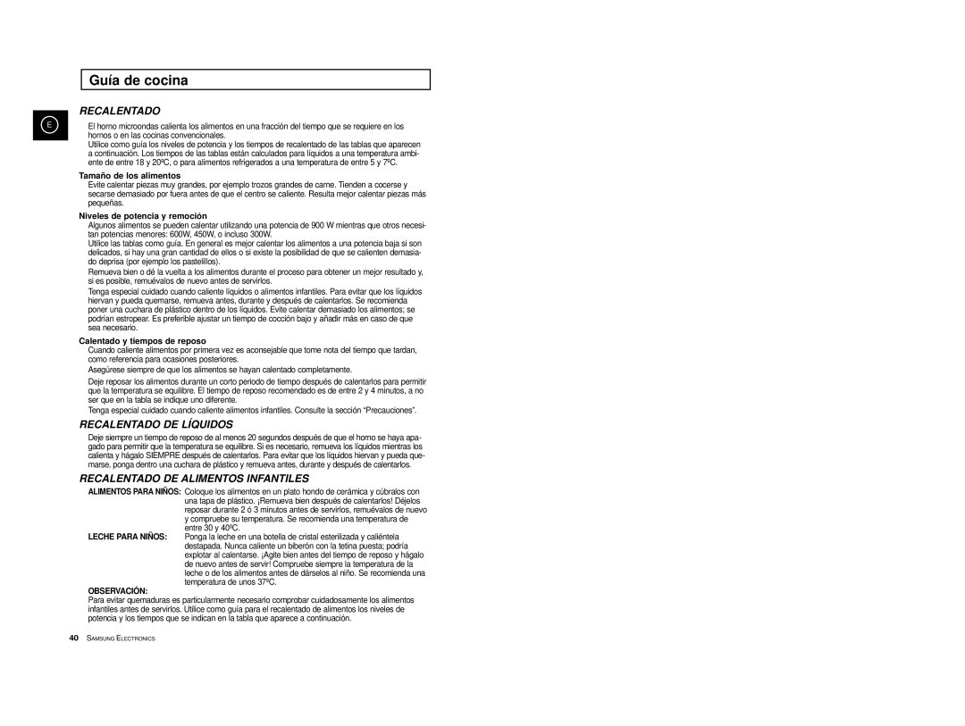 Samsung CE2974-S/XET, CE2914/XEC Tamañ o de los alimentos, Niveles de potencia y remoció n, Calentado y tiempos de reposo 