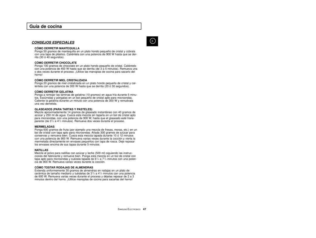 Samsung CE2974-S/XEC, CE2974-S/XET, CE2914/XEC, CE2974T/XEH, CE2974/XEC manual Consejos Especiales 