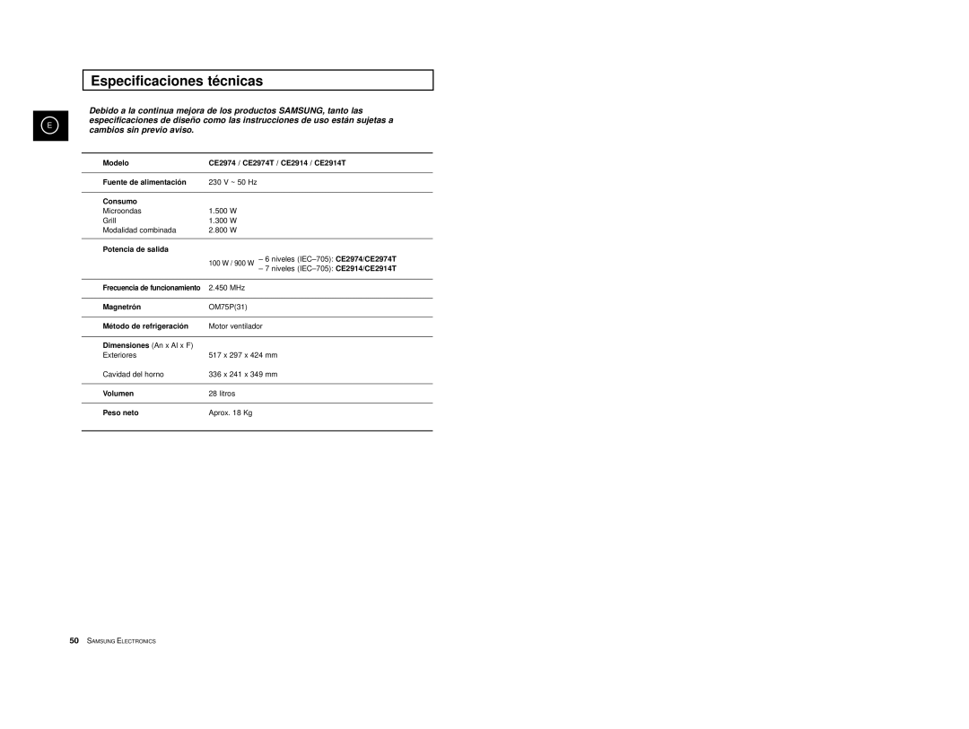 Samsung CE2974-S/XET, CE2914/XEC, CE2974-S/XEC, CE2974T/XEH, CE2974/XEC manual Especificaciones té cnicas 