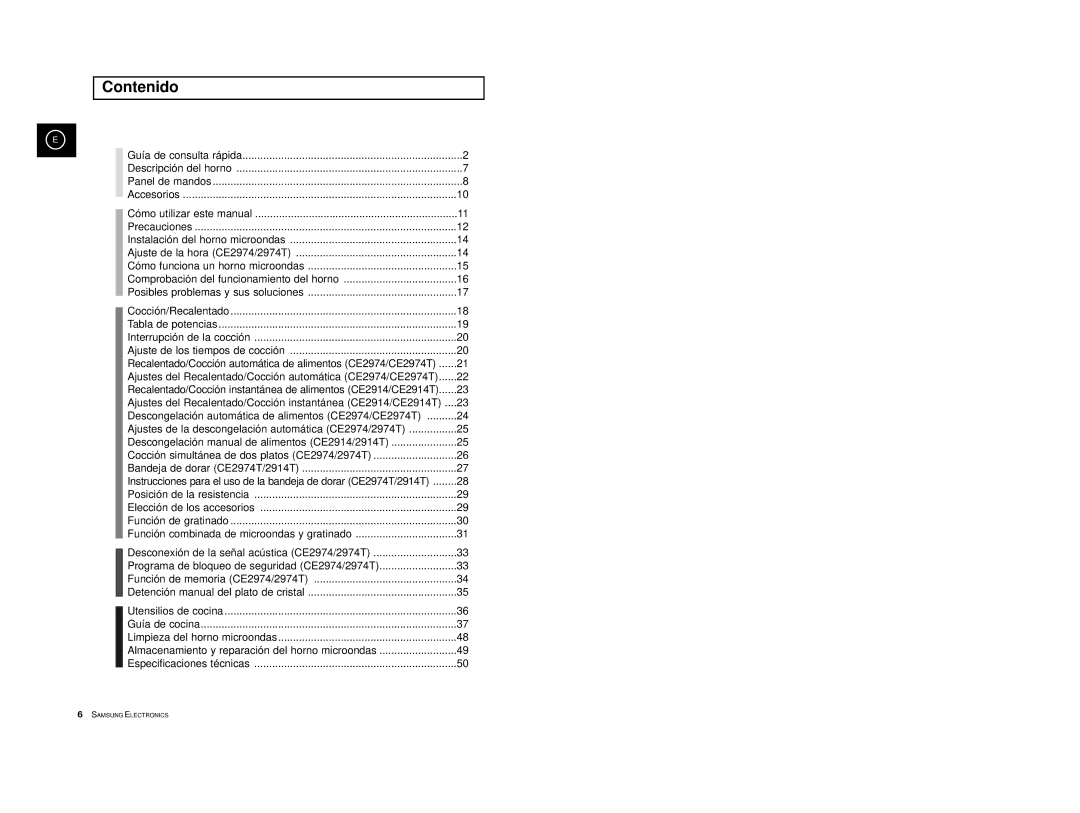 Samsung CE2914/XEC, CE2974-S/XET, CE2974-S/XEC, CE2974T/XEH, CE2974/XEC manual Contenido 