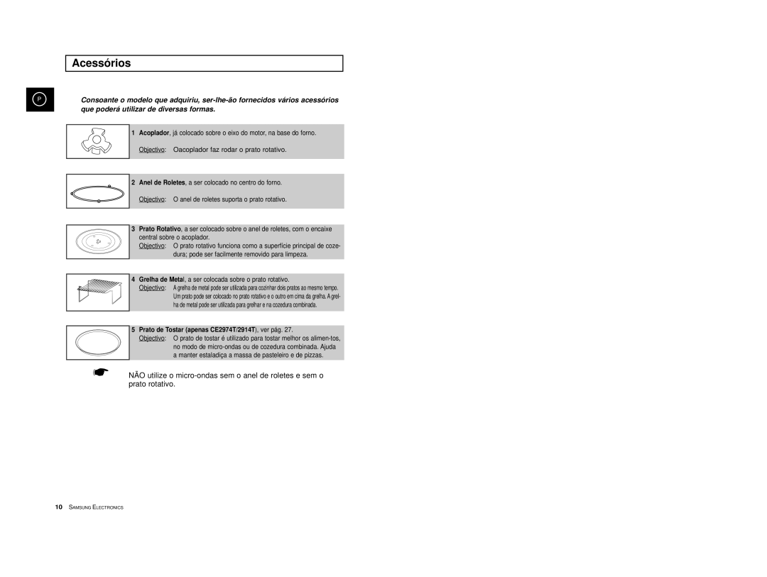 Samsung CE2914/XEC, CE2974-S/XET, CE2974-S/XEC, CE2974T/XEH manual Acessórios, Prato de Tostar apenas CE2974T/2914T, ver pág 
