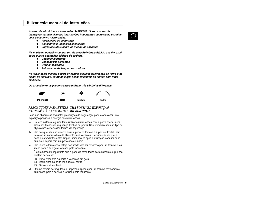 Samsung CE2974-S/XEC, CE2974-S/XET, CE2914/XEC, CE2974T/XEH Utilizar este manual de instruções, Importante Nota Cuidado 