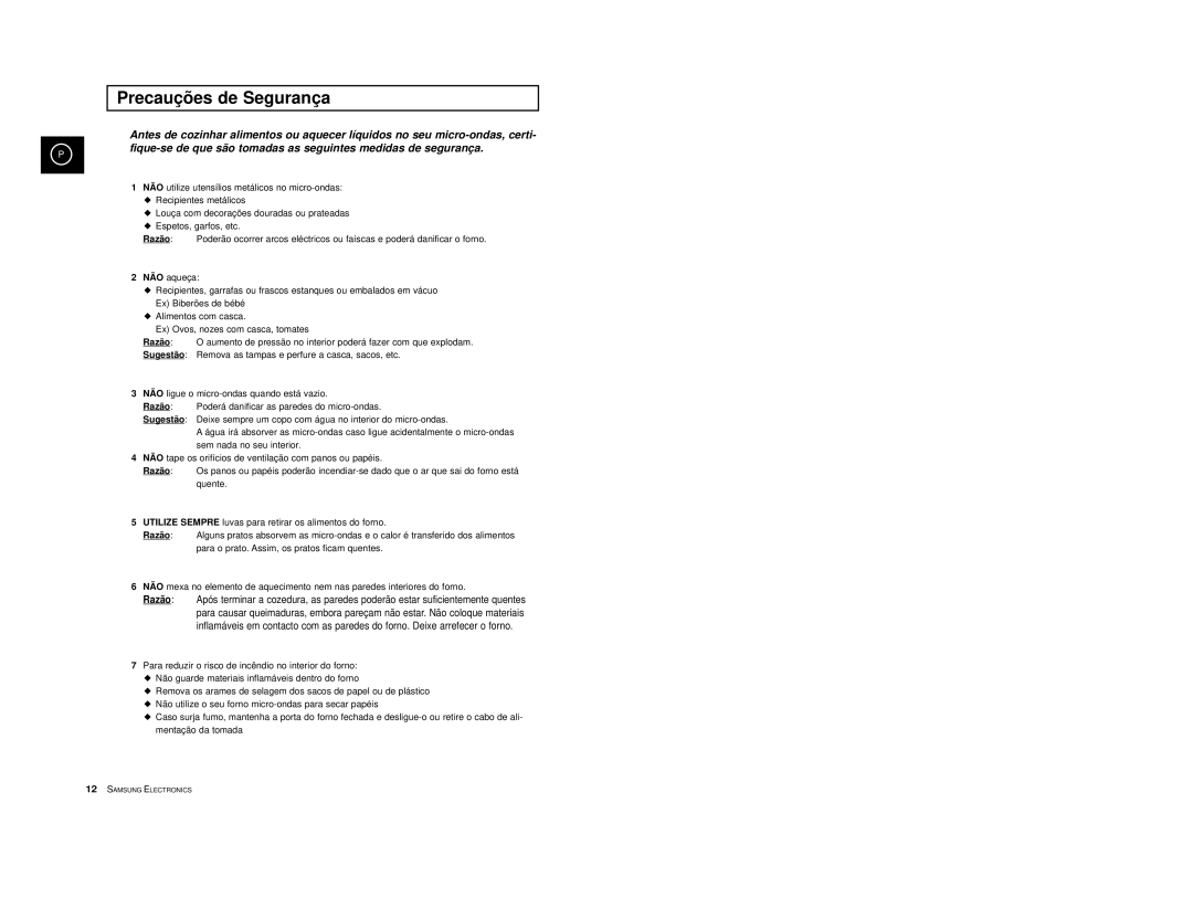 Samsung CE2974T/XEH, CE2974-S/XET, CE2914/XEC, CE2974-S/XEC, CE2974/XEC manual Precauções de Segurança 