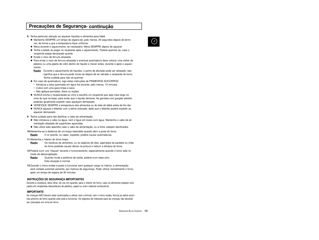 Samsung CE2974/XEC, CE2974-S/XET, CE2914/XEC manual Precauções de Segurança continução, Instruções DE Segurança Importantes 