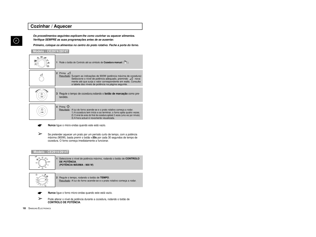 Samsung CE2974/XEC, CE2974-S/XET, CE2914/XEC, CE2974-S/XEC, CE2974T/XEH manual Cozinhar / Aquecer, Modelo CE2974/2974T 