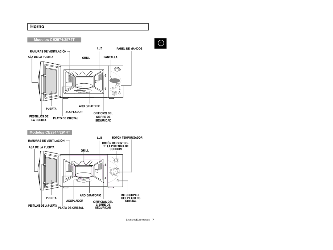 Samsung CE2974-S/XEC, CE2974-S/XET, CE2914/XEC, CE2974T/XEH, CE2974/XEC manual Horno, Modelos CE2974/2974T 