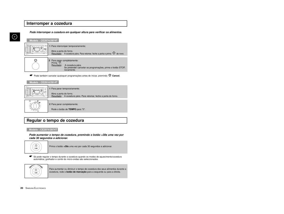 Samsung CE2914/XEC, CE2974-S/XET, CE2974-S/XEC, CE2974T/XEH, CE2974/XEC Interromper a cozedura, Regular o tempo de cozedura 