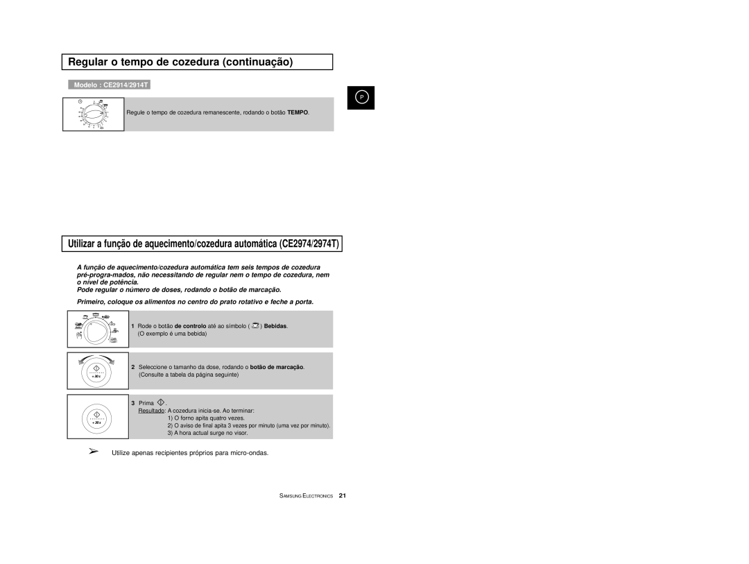 Samsung CE2974-S/XEC, CE2974-S/XET, CE2914/XEC, CE2974T/XEH, CE2974/XEC manual Regular o tempo de cozedura continuaçã o 