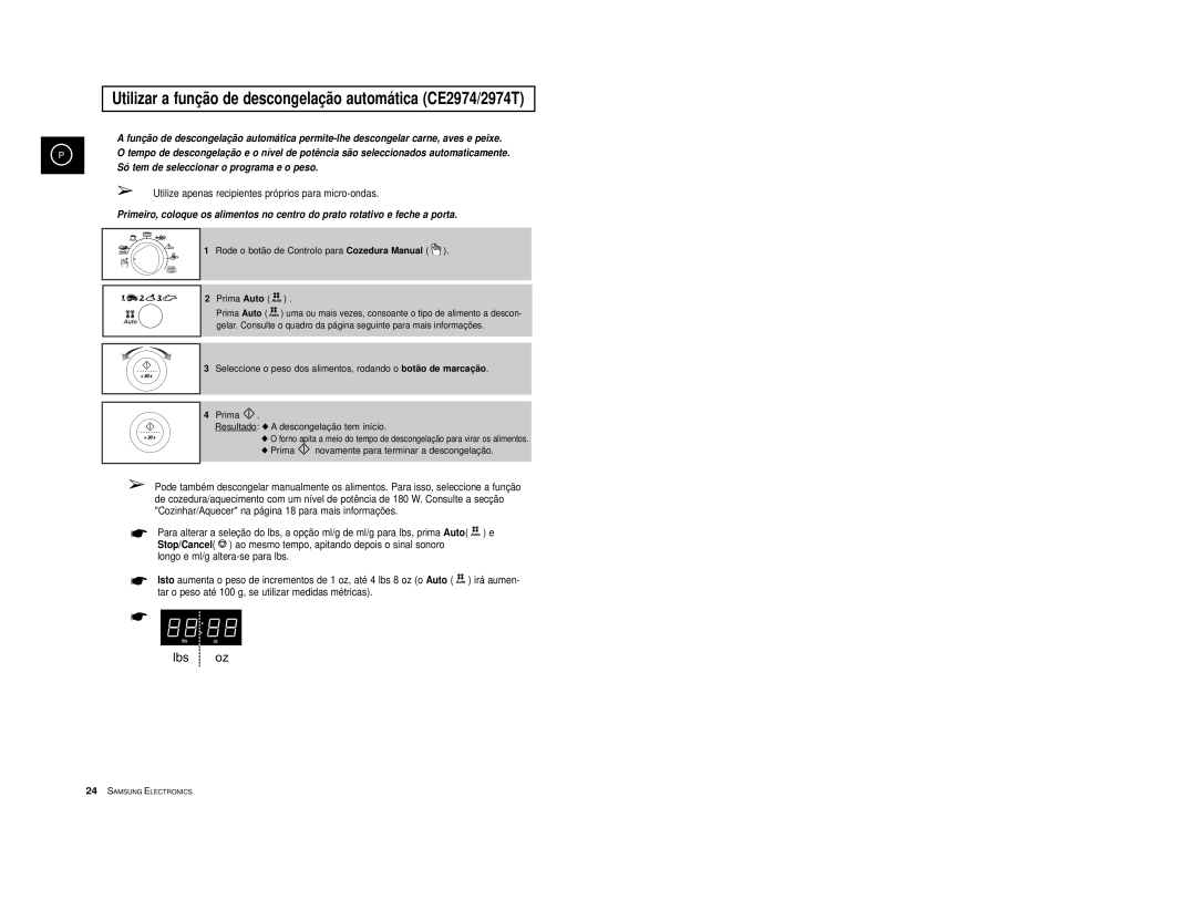 Samsung CE2974-S/XET, CE2914/XEC, CE2974-S/XEC, CE2974T/XEH manual Rode o botão de Controlo para Cozedura Manual Prima Auto 