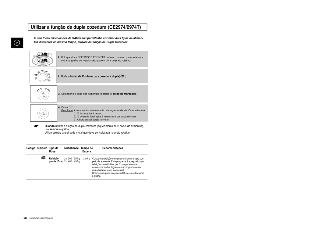 Samsung CE2974-S/XEC Utilizar a funçã o de dupla cozedura CE2974/2974T, Rode o botã o de Controlo para cozedura dupla 