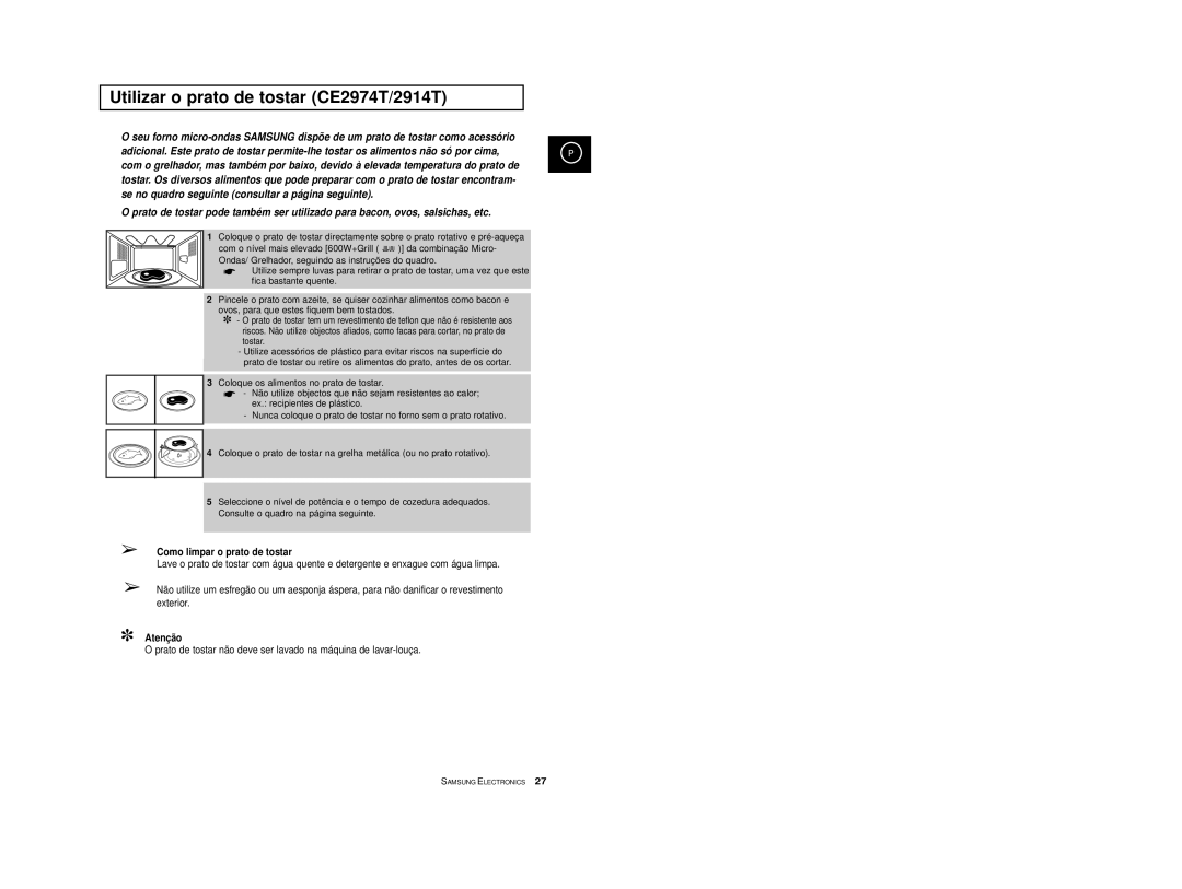 Samsung CE2974T/XEH, CE2974-S/XET manual Utilizar o prato de tostar CE2974T/2914T, Como limpar o prato de tostar, Atençã o 