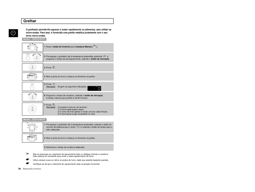 Samsung CE2914/XEC, CE2974-S/XET, CE2974-S/XEC, CE2974T/XEH manual Grelhar, Rode o botã o de Controlo para Cozedura Manual 