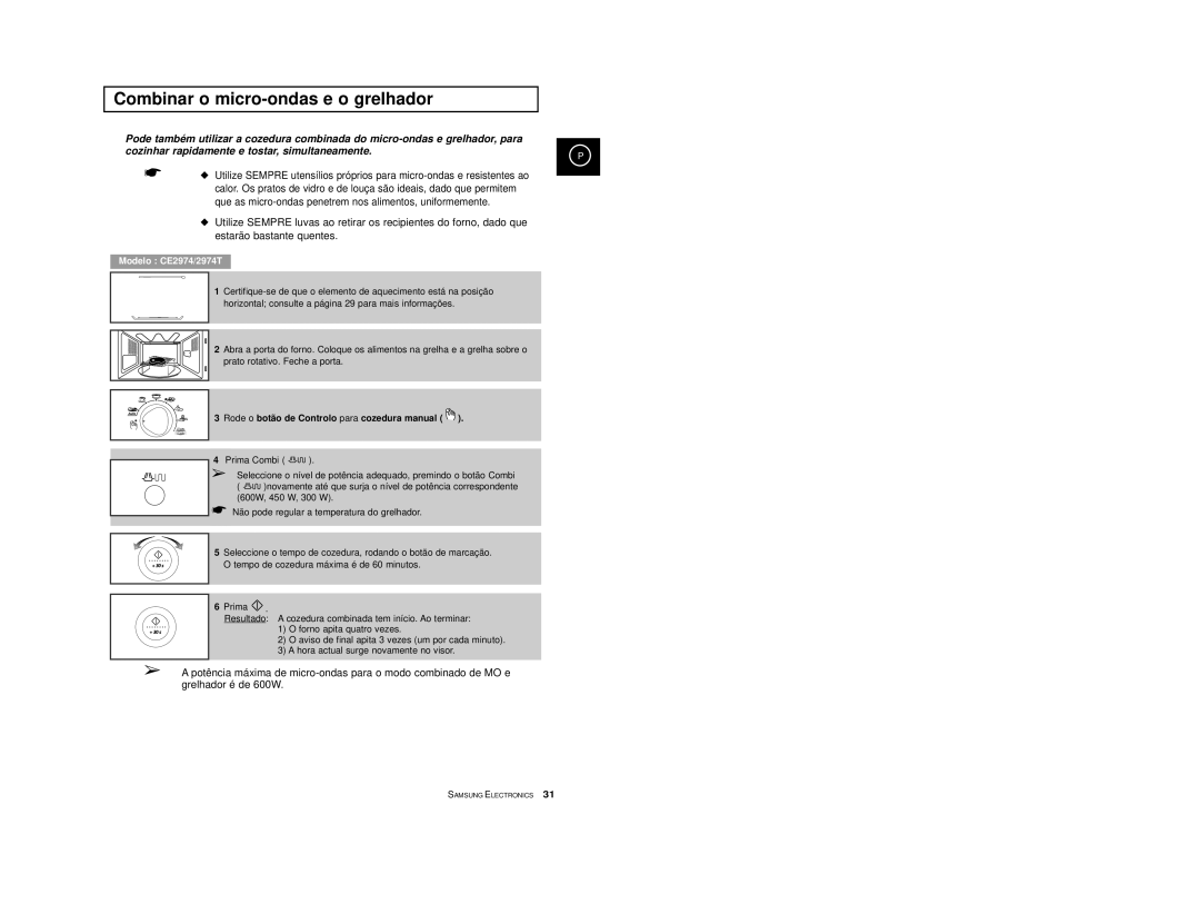 Samsung CE2974-S/XEC, CE2974-S/XET, CE2914/XEC, CE2974T/XEH, CE2974/XEC manual Combinar o micro-ondas e o grelhador 