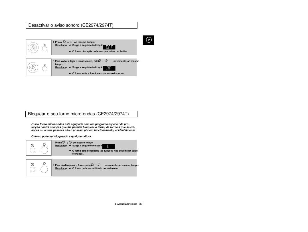Samsung CE2974/XEC, CE2974-S/XET Desactivar o aviso sonoro CE2974/2974T, Bloquear o seu forno micro-ondas CE2974/2974T 