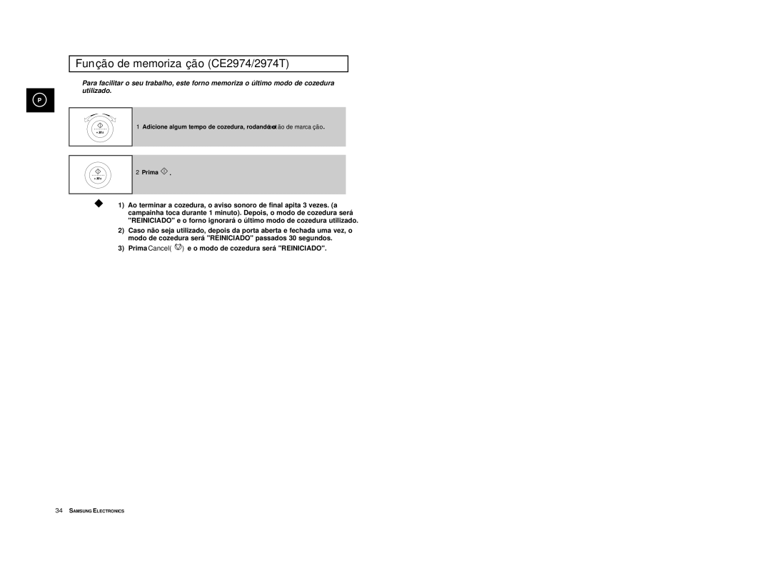 Samsung CE2974-S/XET, CE2914/XEC, CE2974-S/XEC, CE2974T/XEH, CE2974/XEC manual Funçã o de memorizaçã o CE2974/2974T 