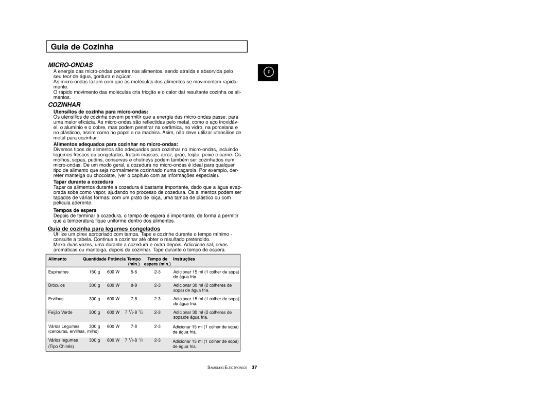 Samsung CE2974T/XEH, CE2974-S/XET, CE2914/XEC, CE2974-S/XEC manual Guia de Cozinha, Guia de cozinha para legumes congelados 