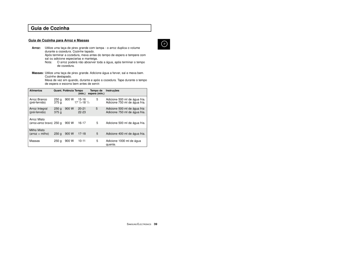 Samsung CE2974-S/XET manual Guia de Cozinha para Arroz e Massas, Alimentos Quant. Potê ncia Tempo Tempo de Instruçõ es Min 