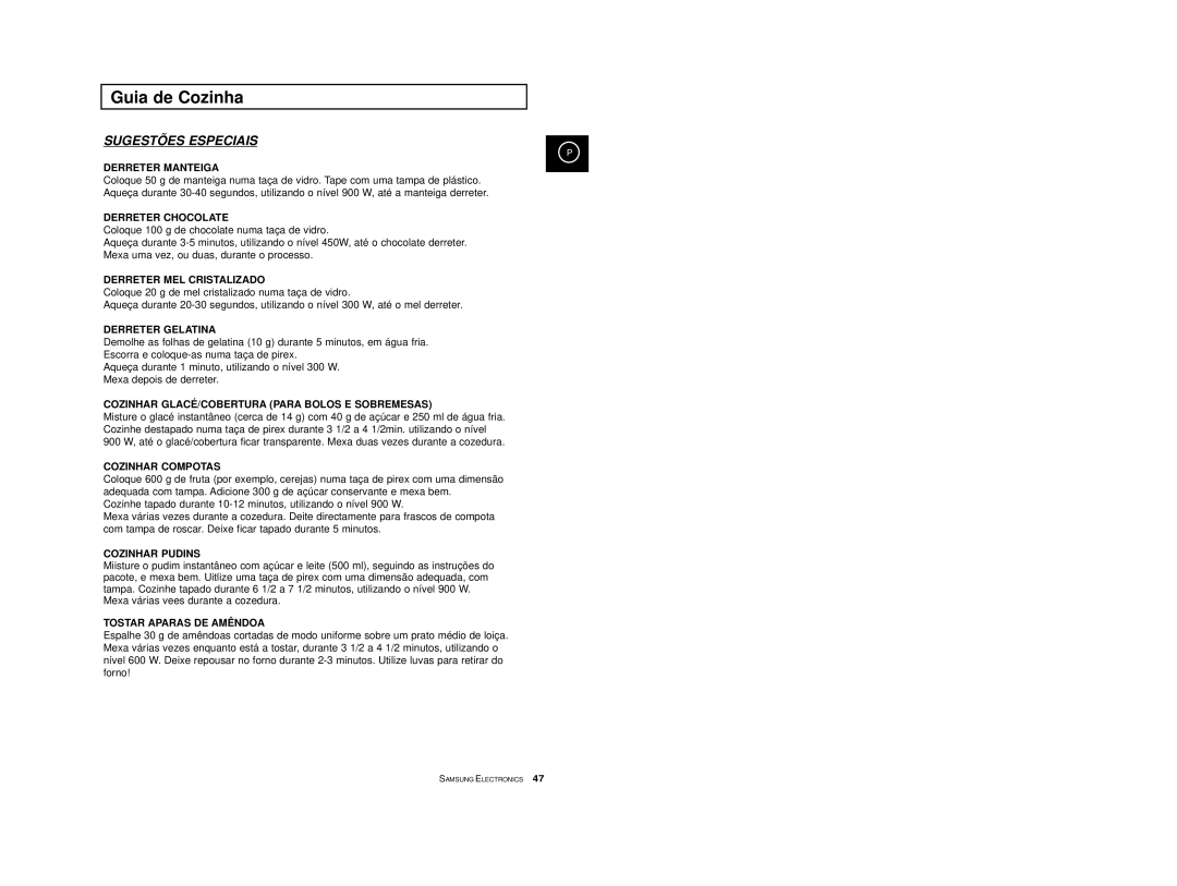 Samsung CE2974T/XEH, CE2974-S/XET, CE2914/XEC, CE2974-S/XEC, CE2974/XEC manual Sugestões Especiais 