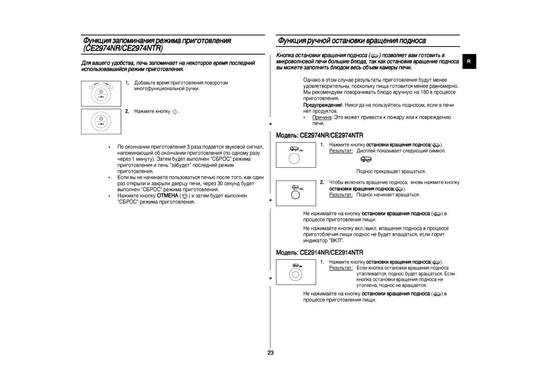 Samsung CE2914NR5U/BWT, CE2974NR-5/BWT, CE2914NR/BWT manual ÎÛÌÍˆËﬂ Á‡ÔÓÏËÌ‡ÌËﬂ ÂÊËÏ‡ ÔË„ÓÚÓ‚ÎÂÌËﬂ CE2974NR/CE2974NTR 