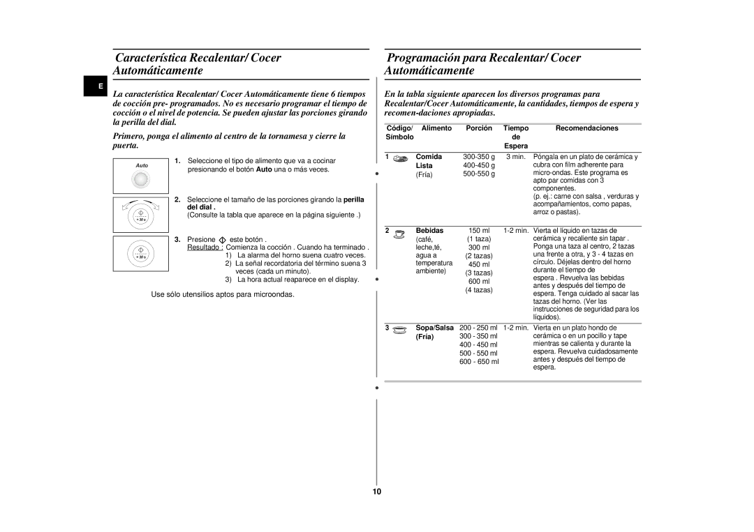 Samsung CE2975NT/XEC Característica Recalentar/ Cocer Automáticamente, Programación para Recalentar/ Cocer Automáticamente 