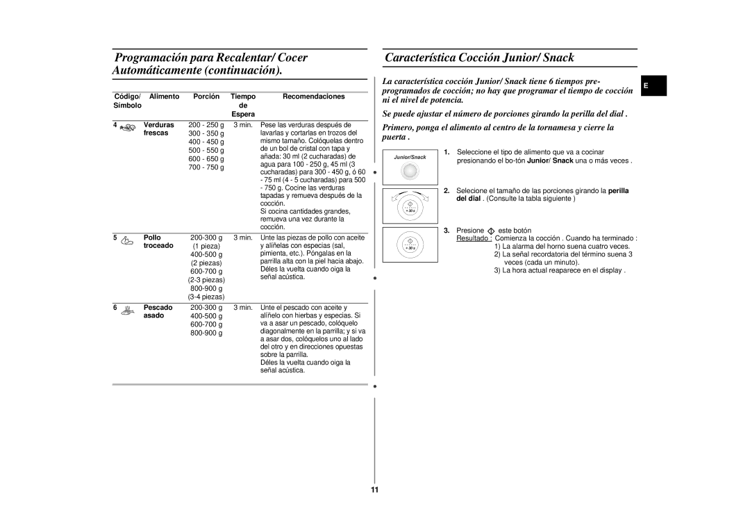 Samsung CE2975NT-S/XEC, CE2975NT/XEC manual Característica Cocción Junior/ Snack 
