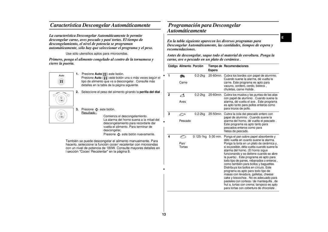 Samsung CE2975NT-S/XEC manual Característica Descongelar Automáticamente, Programación para Descongelar Automáticamente 