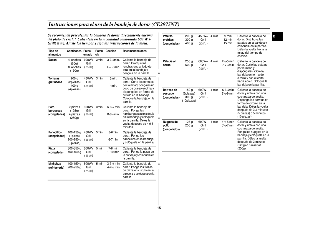 Samsung CE2975NT-S/XEC, CE2975NT/XEC manual Instrucciones para el uso de la bandeja de dorar CE2975NT, 600W+ 3min ½min 