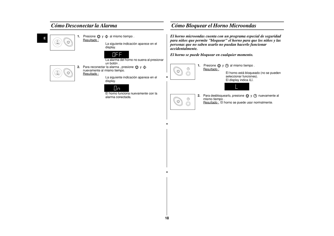 Samsung CE2975NT/XEC, CE2975NT-S/XEC manual Cómo Desconectar la Alarma Cómo Bloquear el Horno Microondas 