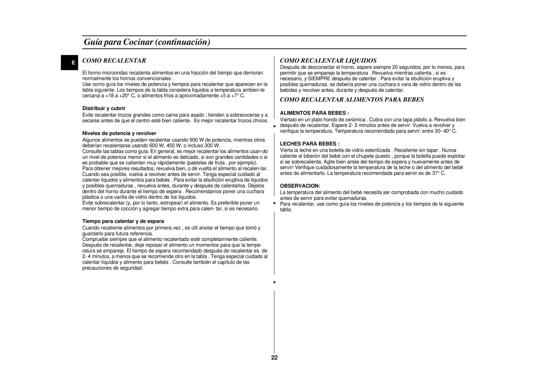 Samsung CE2975NT/XEC, CE2975NT-S/XEC manual Como Recalentar Liquidos, Como Recalentar Alimentos Para Bebes 