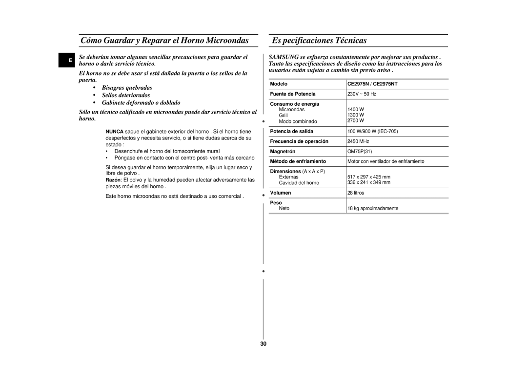 Samsung CE2975NT/XEC, CE2975NT-S/XEC manual Cómo Guardar y Reparar el Horno Microondas, Es pecificaciones Técnicas 