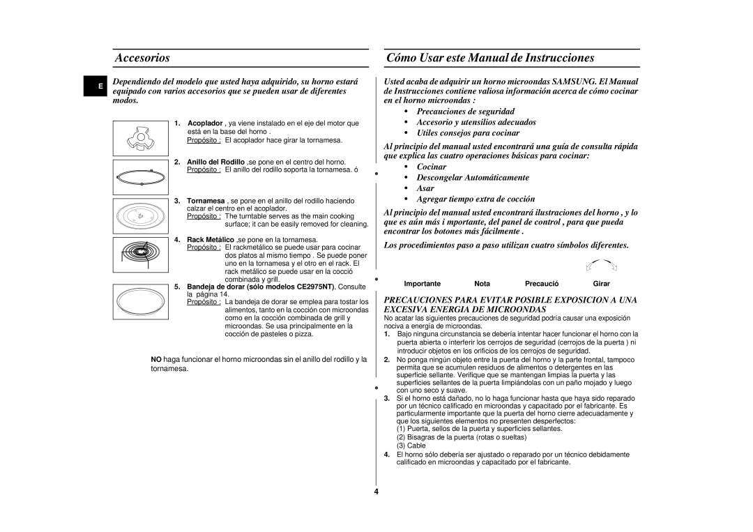 Samsung CE2975NT/XEC, CE2975NT-S/XEC manual Accesorios Cómo Usar este Manual de Instrucciones, Importante Nota Precaució 