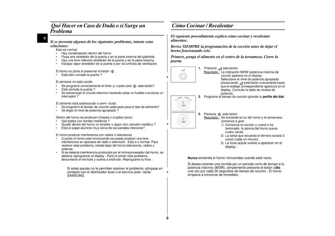 Samsung CE2975NT/XEC, CE2975NT-S/XEC manual Qué Hacer en Caso de Duda o si Surge un Problema, Cómo Cocinar / Recalentar 