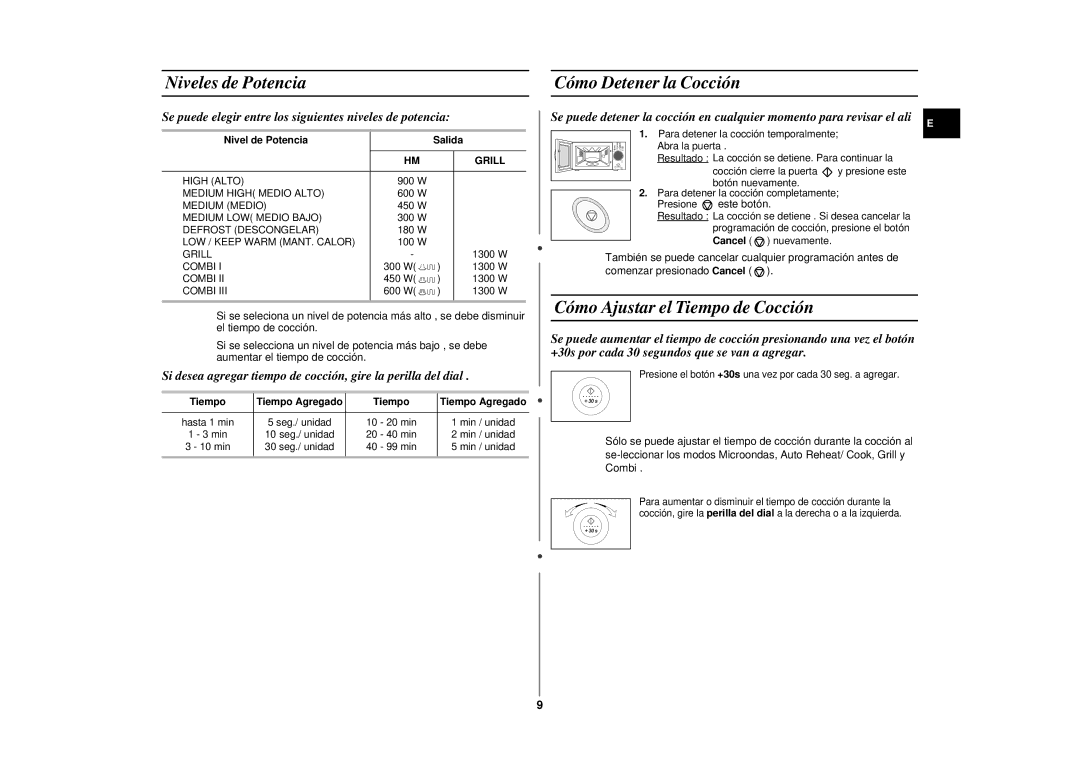 Samsung CE2975NT-S/XEC, CE2975NT/XEC manual Niveles de Potencia Cómo Detener la Cocción, Cómo Ajustar el Tiempo de Cocción 