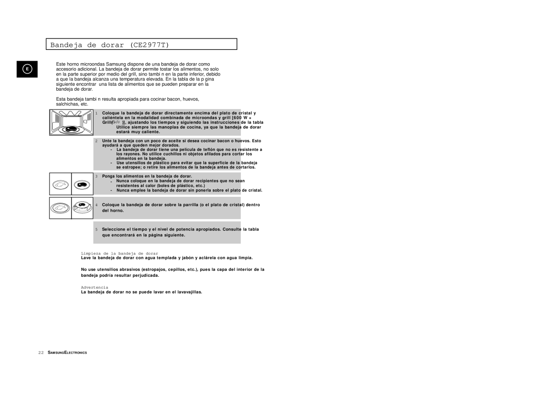 Samsung CE2977-S/XEC, CE2977/XEC manual Bandeja de dorar CE2977T, Limpieza de la bandeja de dorar, Advertencia 