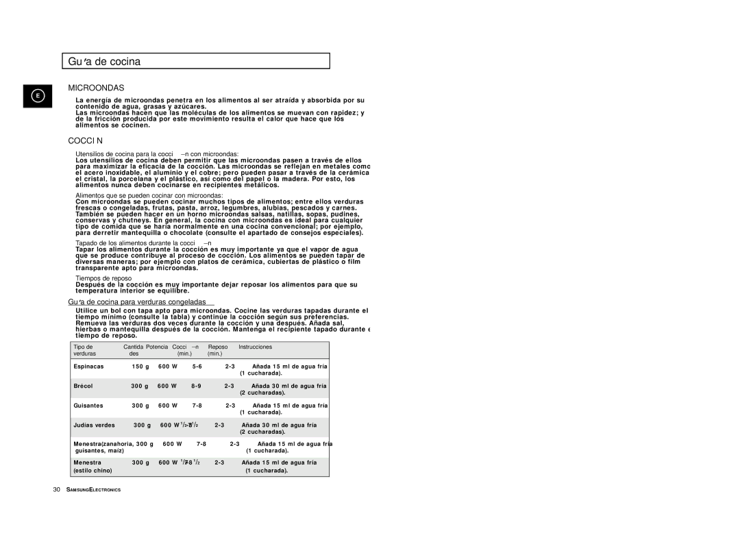 Samsung CE2977-S/XEC, CE2977/XEC manual Guía de cocina para verduras congeladas 