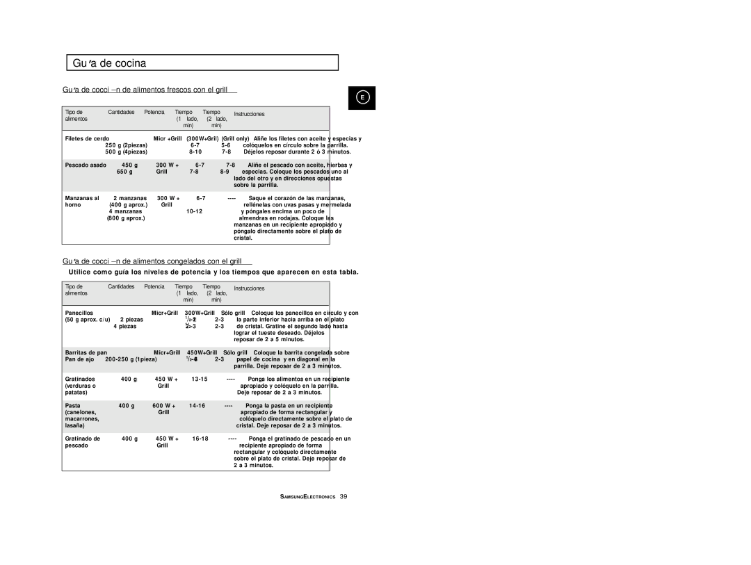 Samsung CE2977/XEC, CE2977-S/XEC manual Guía de cocció n de alimentos congelados con el grill 