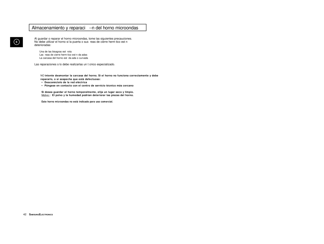 Samsung CE2977-S/XEC, CE2977/XEC manual Almacenamiento y reparació n del horno microondas 