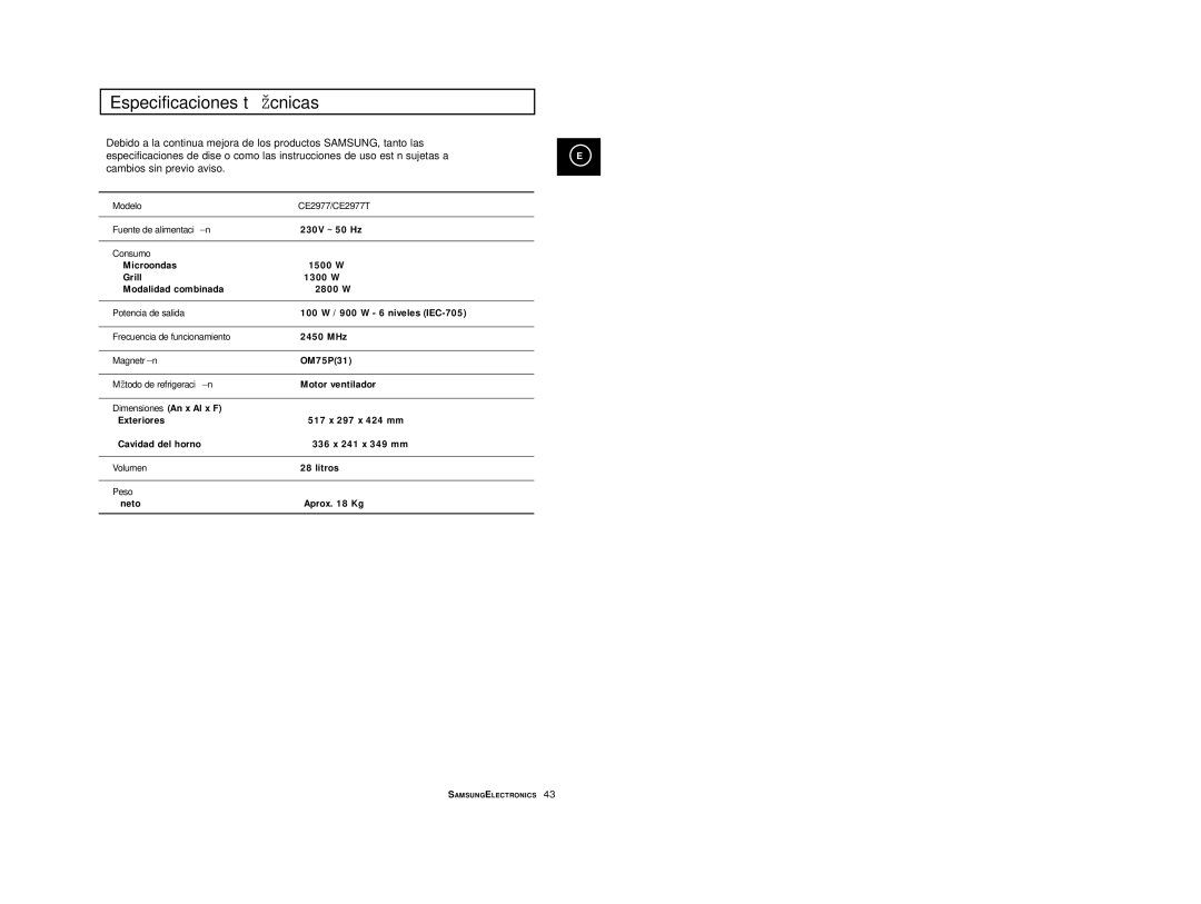 Samsung CE2977/XEC, CE2977-S/XEC manual Especificaciones té cnicas 