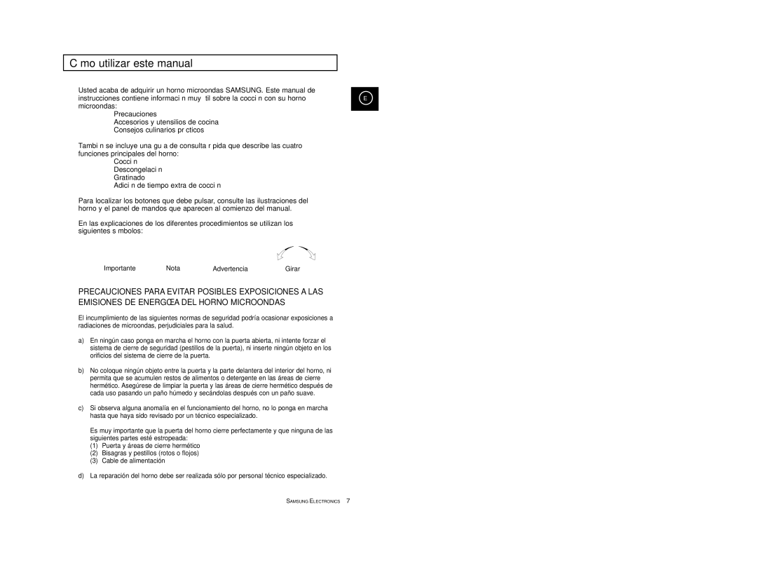 Samsung CE2977/XEC, CE2977-S/XEC Cómo utilizar este manual, Importante Nota Advertencia 