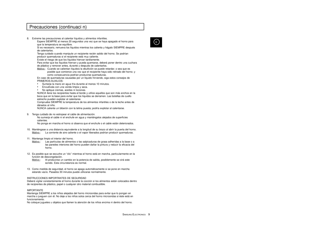 Samsung CE2977/XEC, CE2977-S/XEC manual Precauciones continuación, Primeros Auxilios 